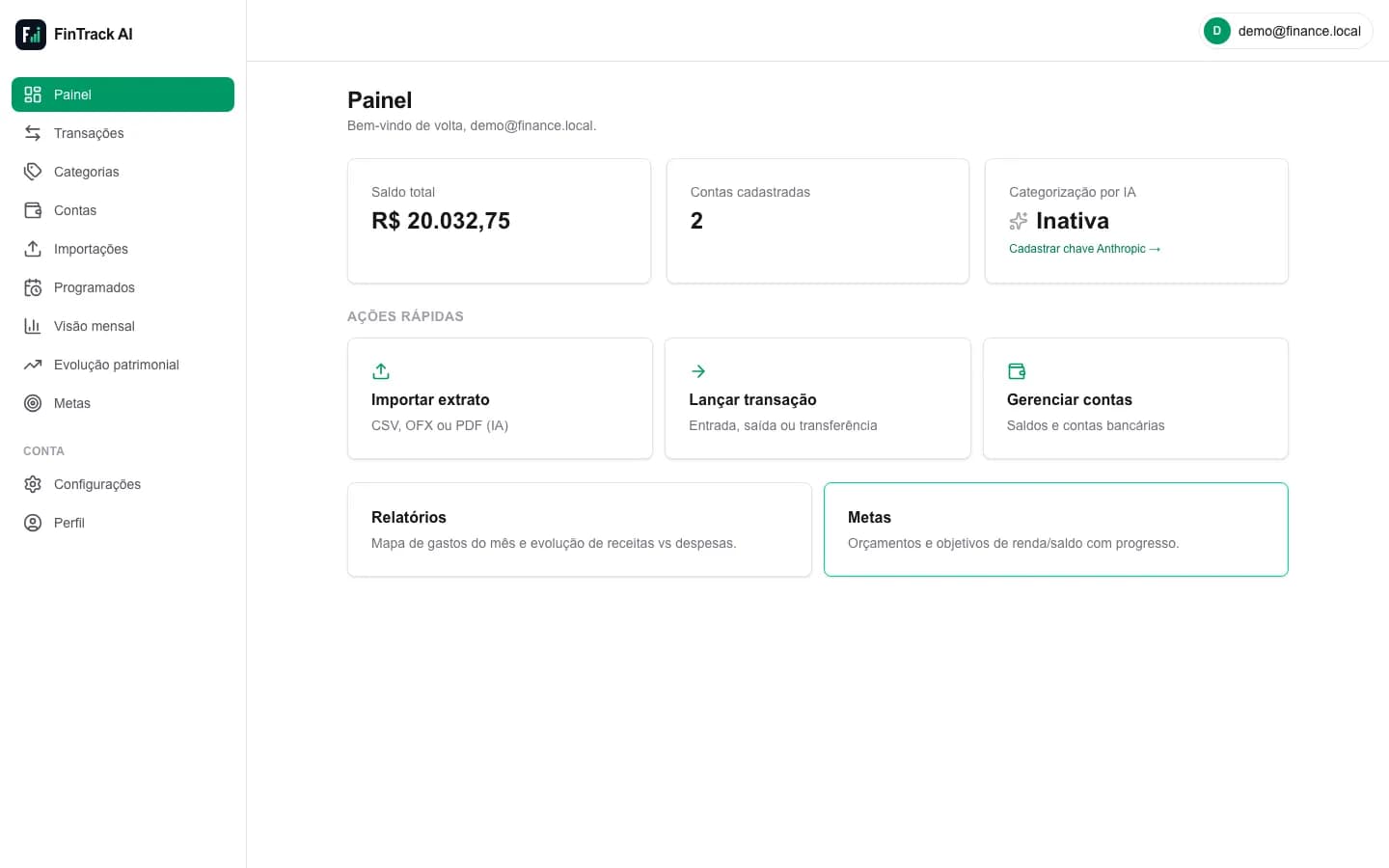 FinTrack AI dashboard with total balance, accounts, and quick actions
