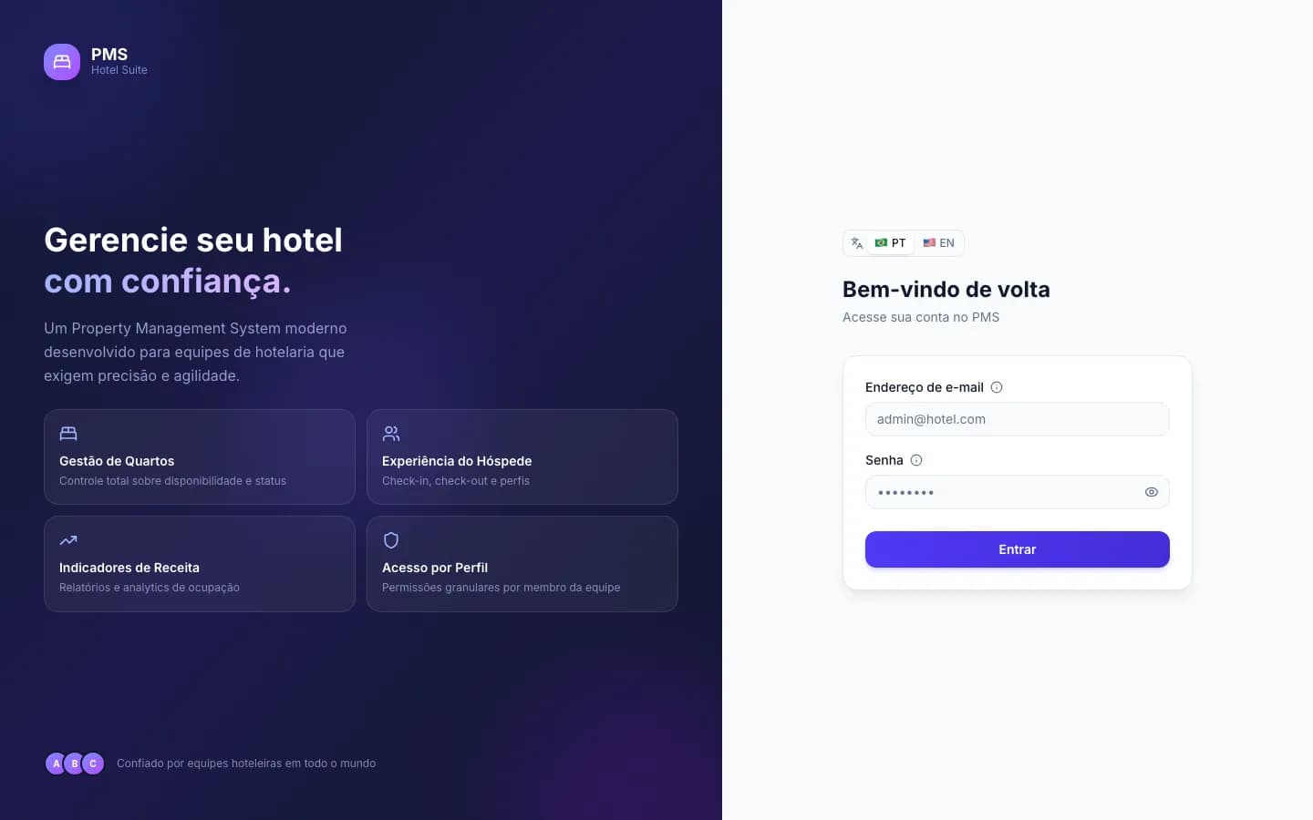 PMS Hotel login screen with product highlights