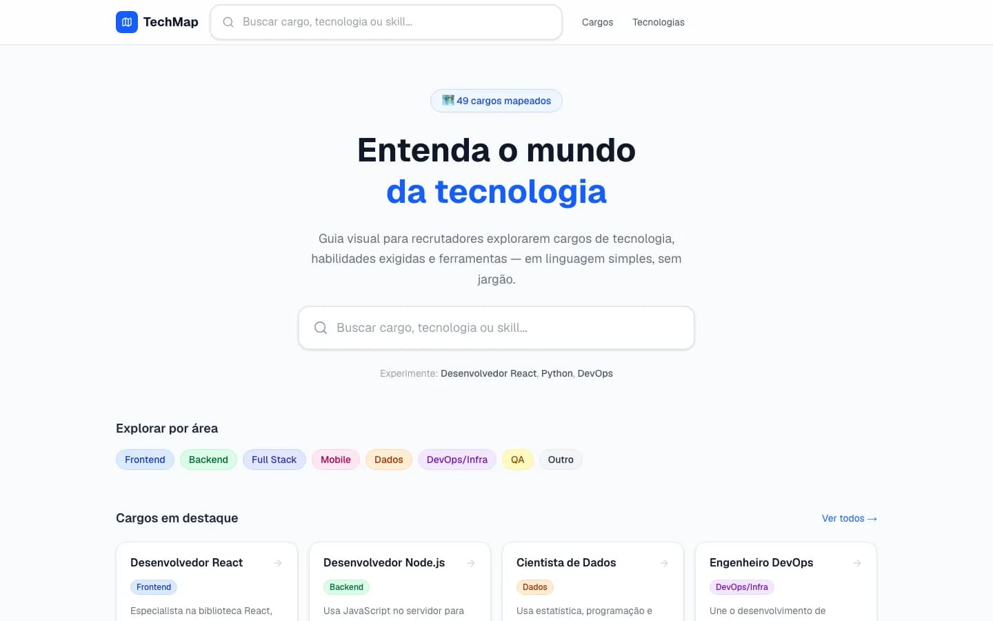 TechMap home page with role and technology search